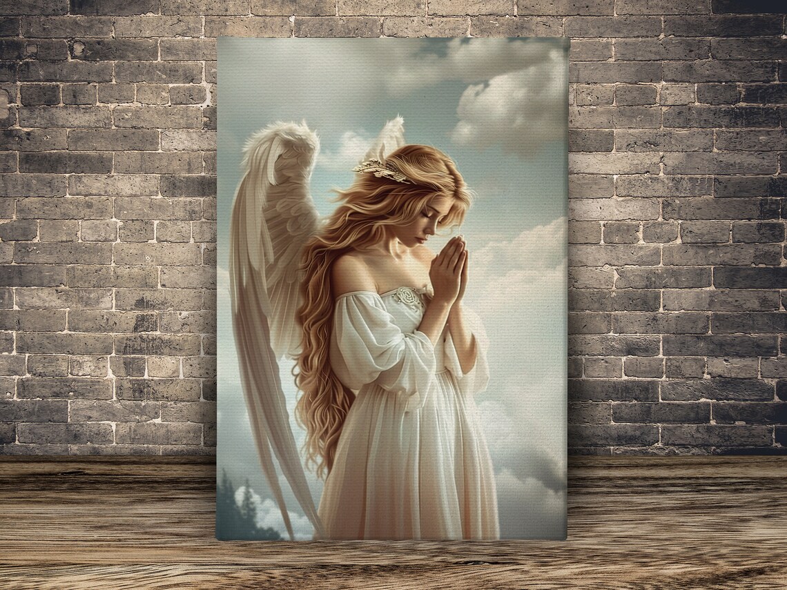 Praying Angel White Dress Clouds Faith Guardian Angel Spiritual Wall Art - Image 2