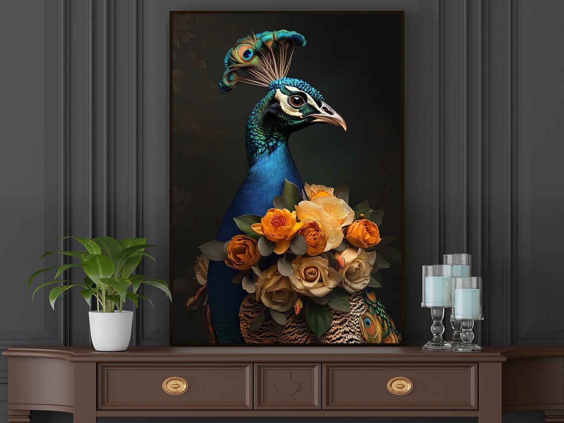 Royal Peacock Portrait With Cream Orange Roses Dark Animal Art Poster - Image 4