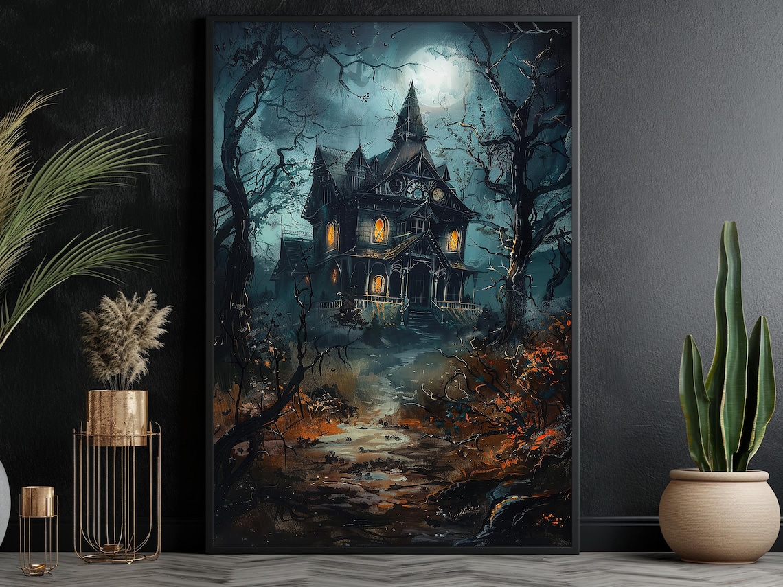 Haunted Victorian House At Night Moonlit Spooky Halloween Art Poster