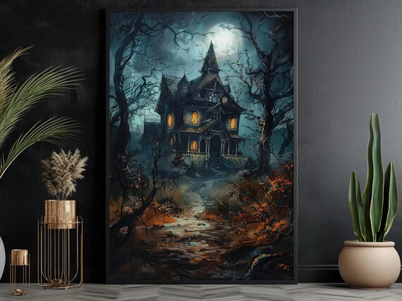 Haunted Victorian House At Night Moonlit Spooky Halloween Art Poster