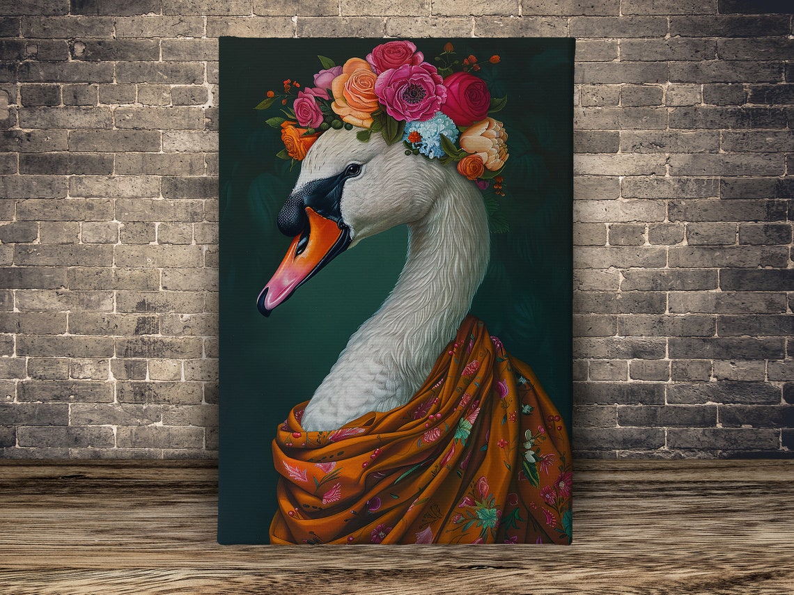 White Swan Flower Crown Floral Drape Elegant Bird Portrait Poster - Image 2