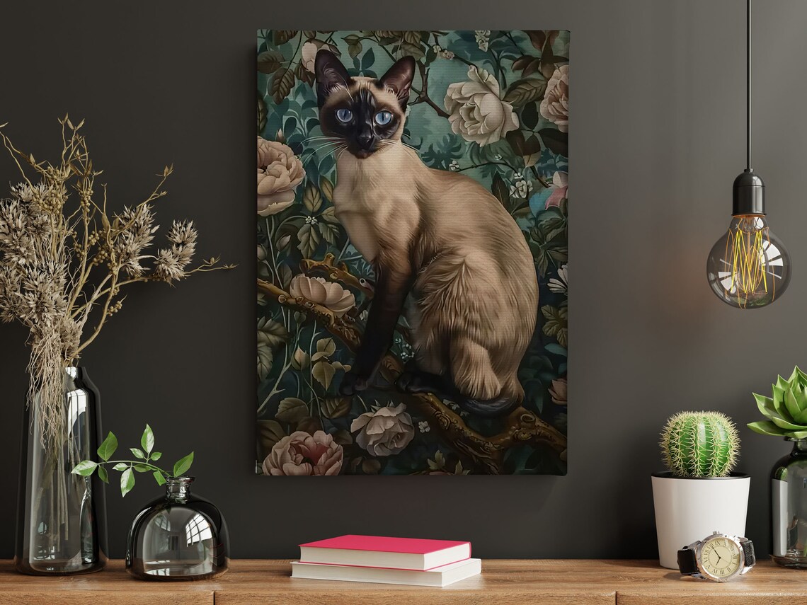 Siamese Cat On Branch Among Roses Dark Floral Pet Portrait Art Poster - Image 4