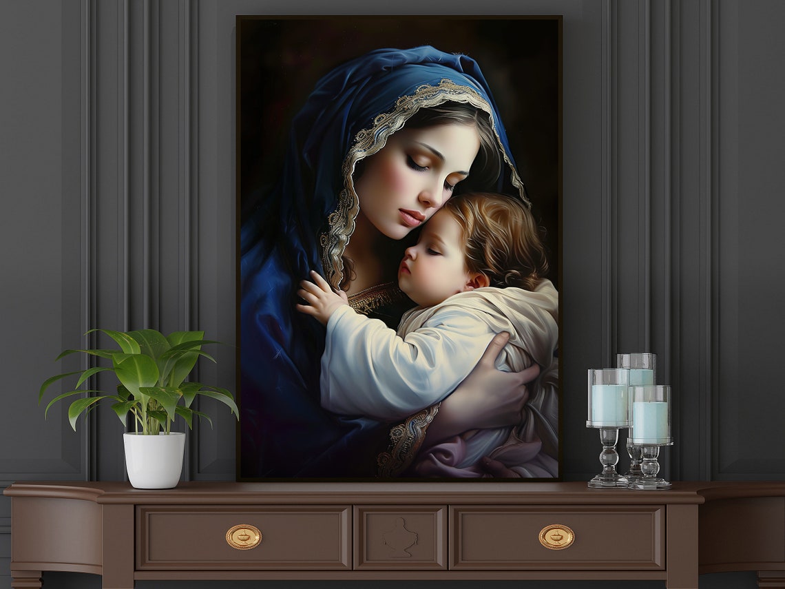 Virgin Mary Embracing Baby Jesus Blue Veil Devotional Art Poster - Image 5