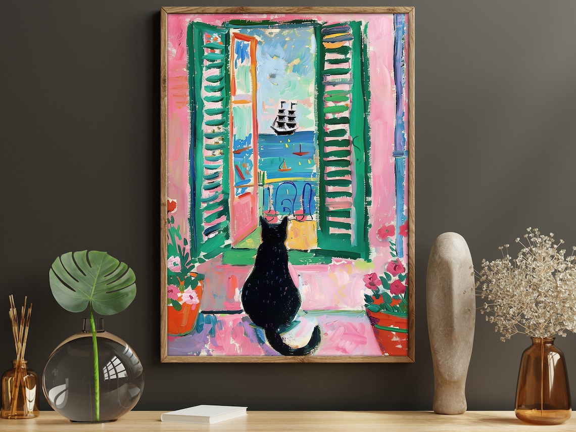 Vintage Black Cat by the Window, Matisse-Inspired Art Print