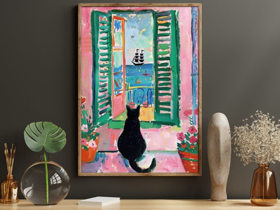 Vintage Black Cat by the Window, Matisse-Inspired Art Print