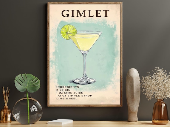 Retro Gimlet Cocktail Recipe Wall Art Gin Lime Martini Glass Kitchen Poster