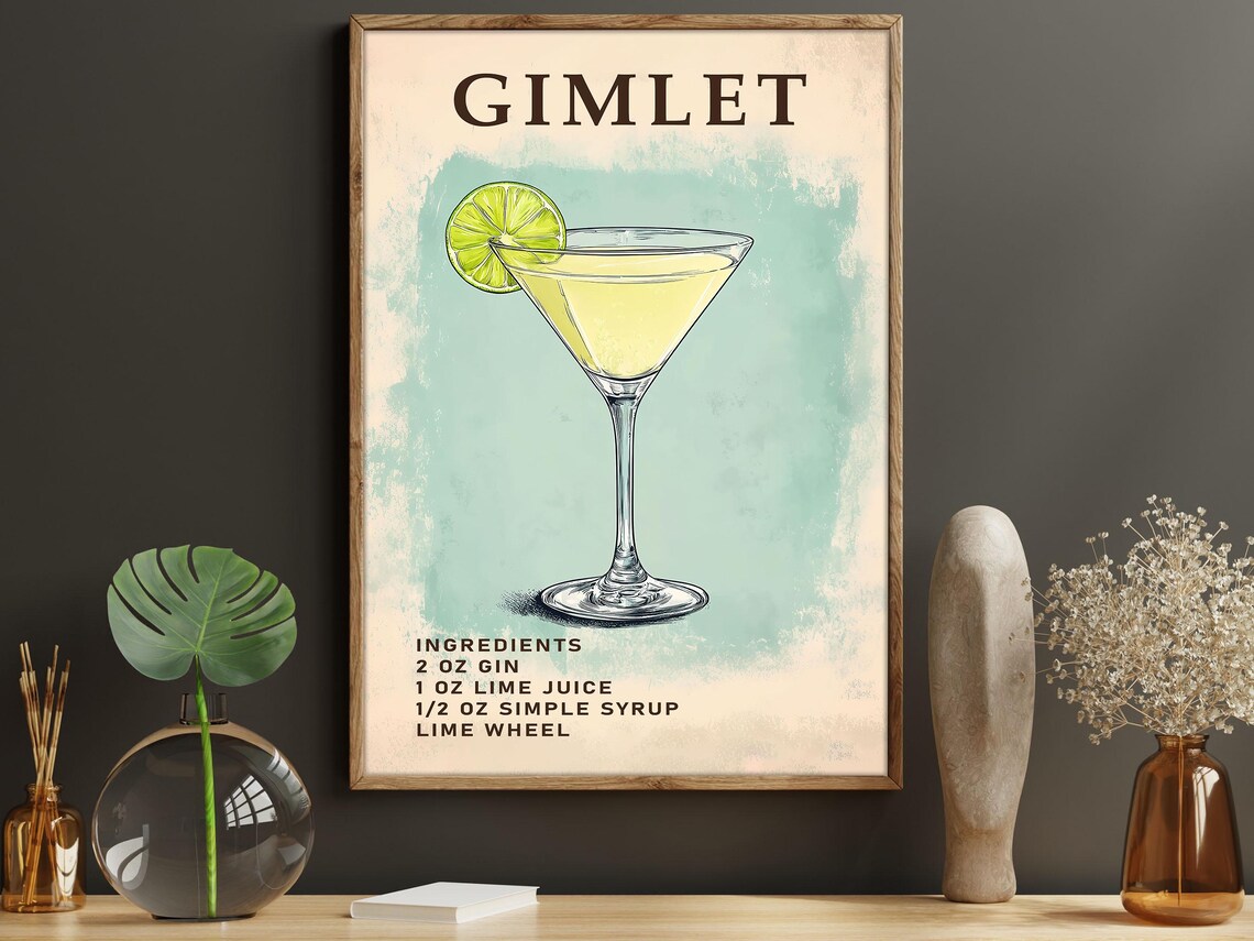 Retro Gimlet Cocktail Recipe Wall Art Gin Lime Martini Glass Kitchen Poster