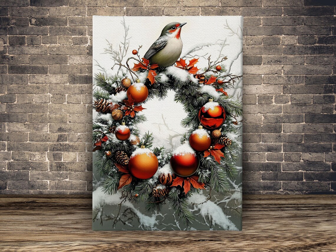 Vintage Christmas Wreath With Red Ornaments And Snowy Songbird Print - Image 2