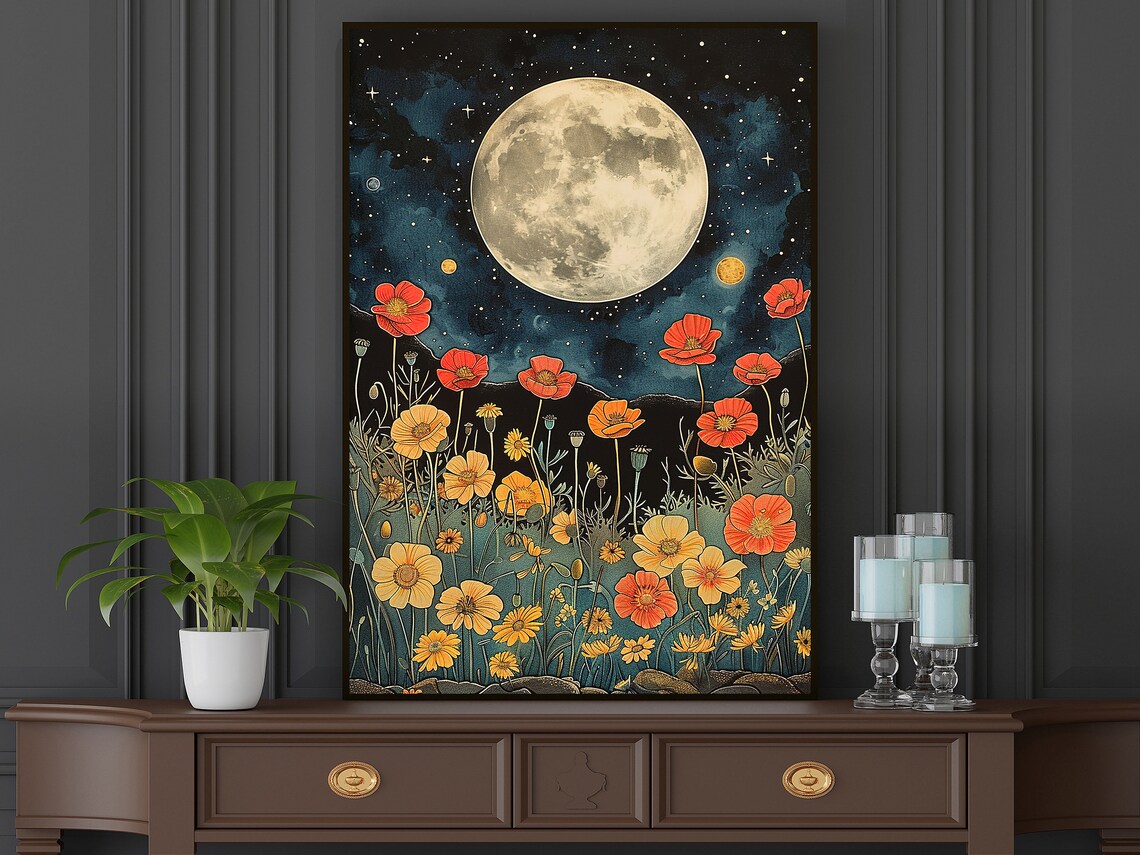 Red Poppies Under Full Moon Starry Night Vintage Floral Garden Poster - Image 5