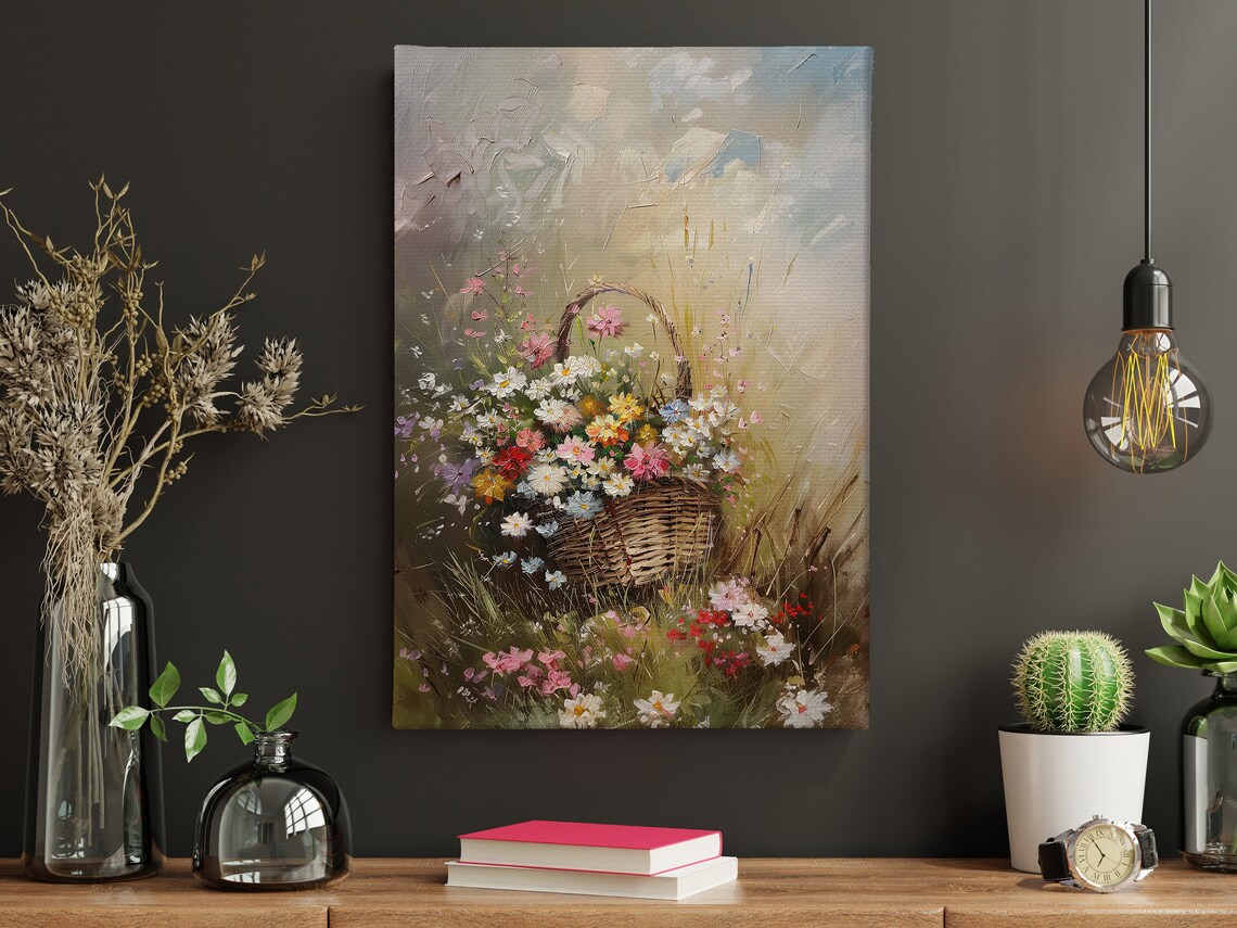 Wicker Basket Of Colorful Wildflowers Meadow Impressionist Art Poster - Image 4