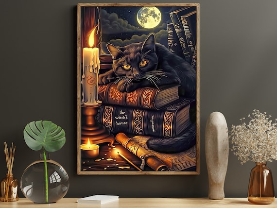 Cottage Black Cat Witch Painting, Retro Halloween Art Print