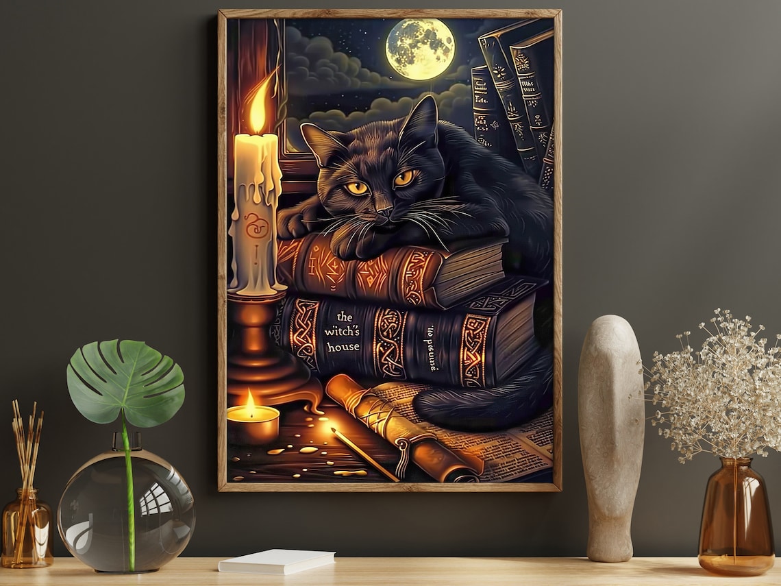 Cottage Black Cat Witch Painting, Retro Halloween Art Print