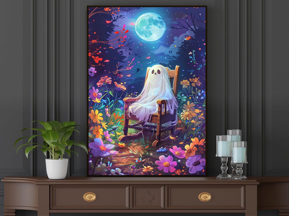 Dreamy Ghost in Rocking Chair Under Full Moon in Flower Field Poster - Image 4