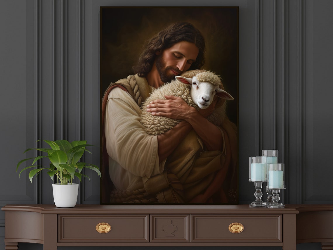 Jesus As Good Shepherd Embracing Lamb Devotional Faith Art Poster - Image 4