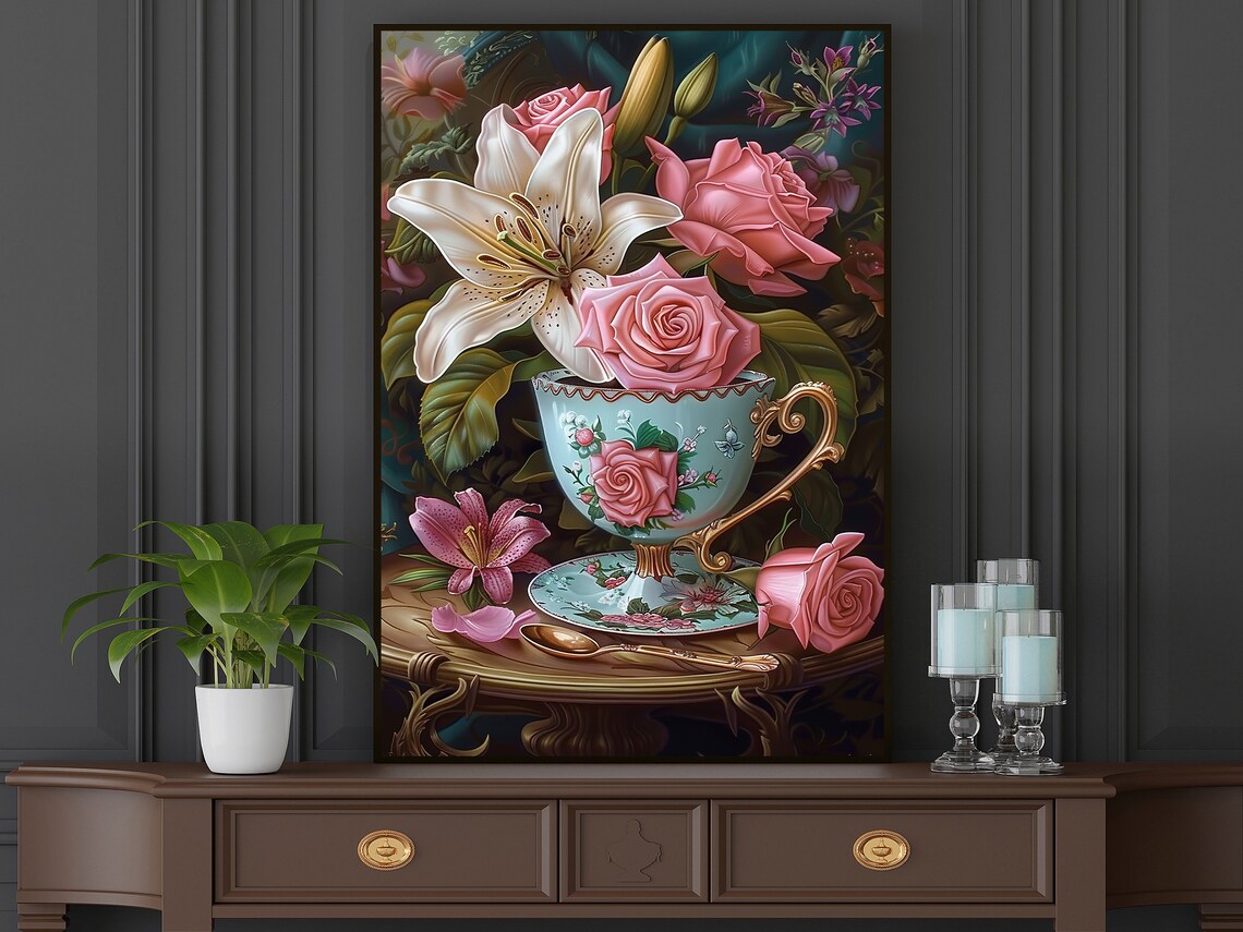 Pink Roses And White Lily In Porcelain Teacup Still Life Art Poster - Image 5