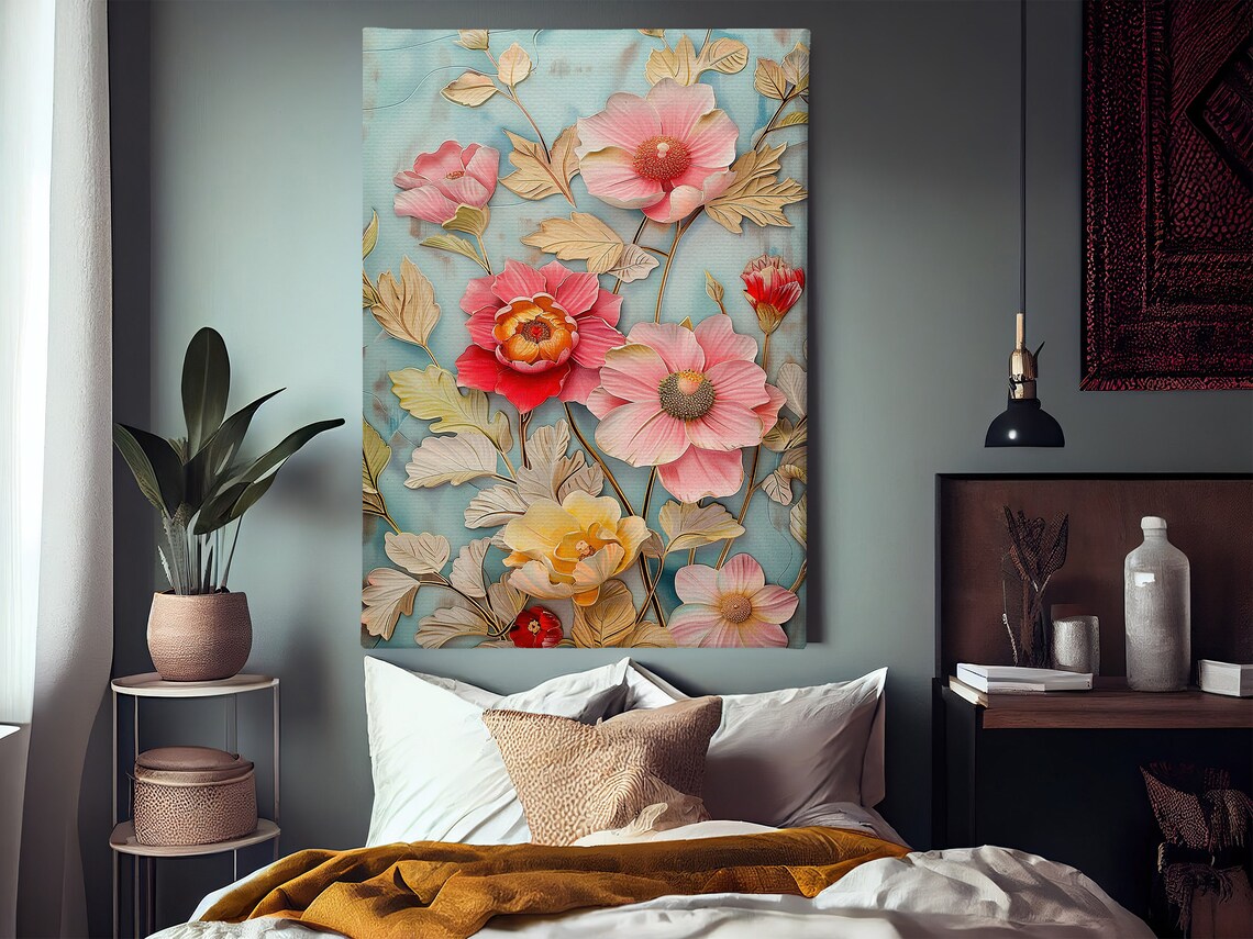 Vintage Pink Blossom Floral Painting Retro Botanical Wall Art Poster - Image 2
