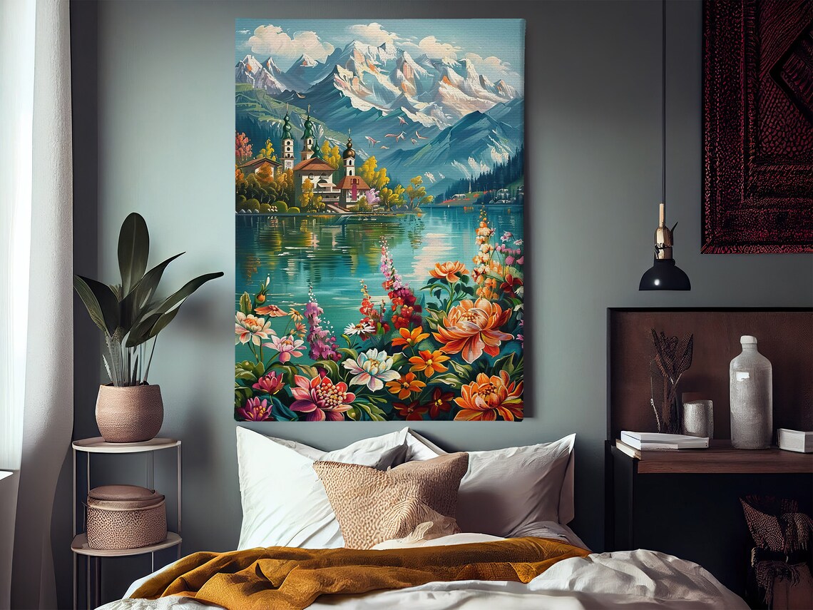 Vintage Countryside Lake Oil Painting Dreamy Mountain Art Print Landscape Print Flowers Wall Art Landscape Print - Image 2