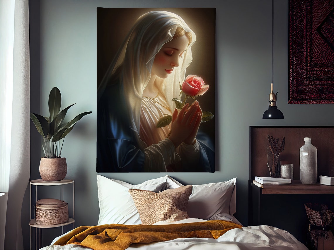 Virgin Mary Praying With Pink Rose Glowing Halo Devotional Poster - Image 3