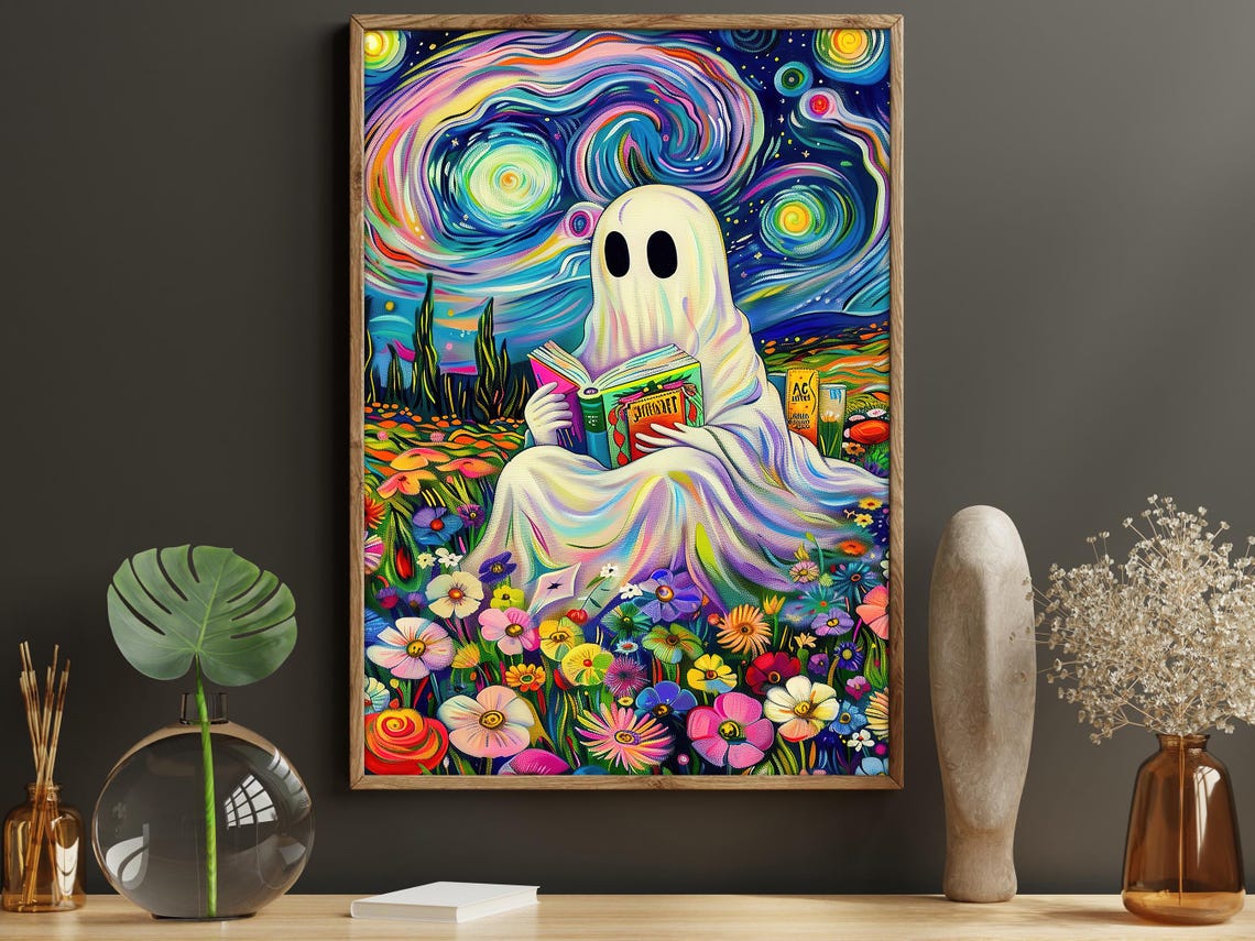 Starry Night Style Ghost Reading Book Among Flowers Colorful Poster - Image 6