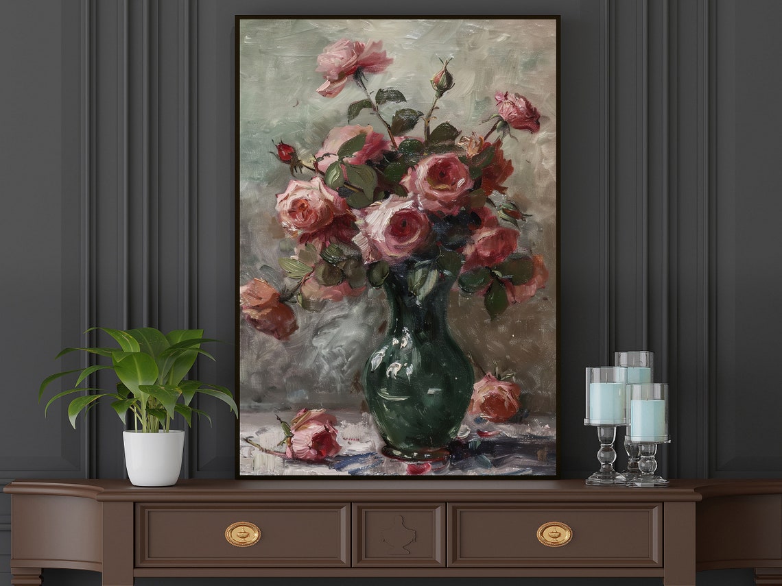 Vintage Roses Vase Oil Painting Flowers Vase Print Cottage Flowers Flowers Poster Retro Flowers Wall Art - Image 5