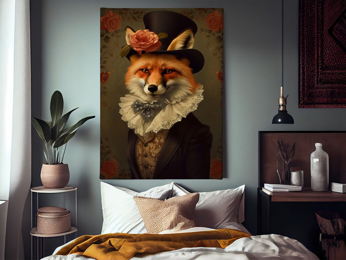 Gentleman Fox Portrait In Top Hat With Rose Vintage Animal Art Poster - Image 3