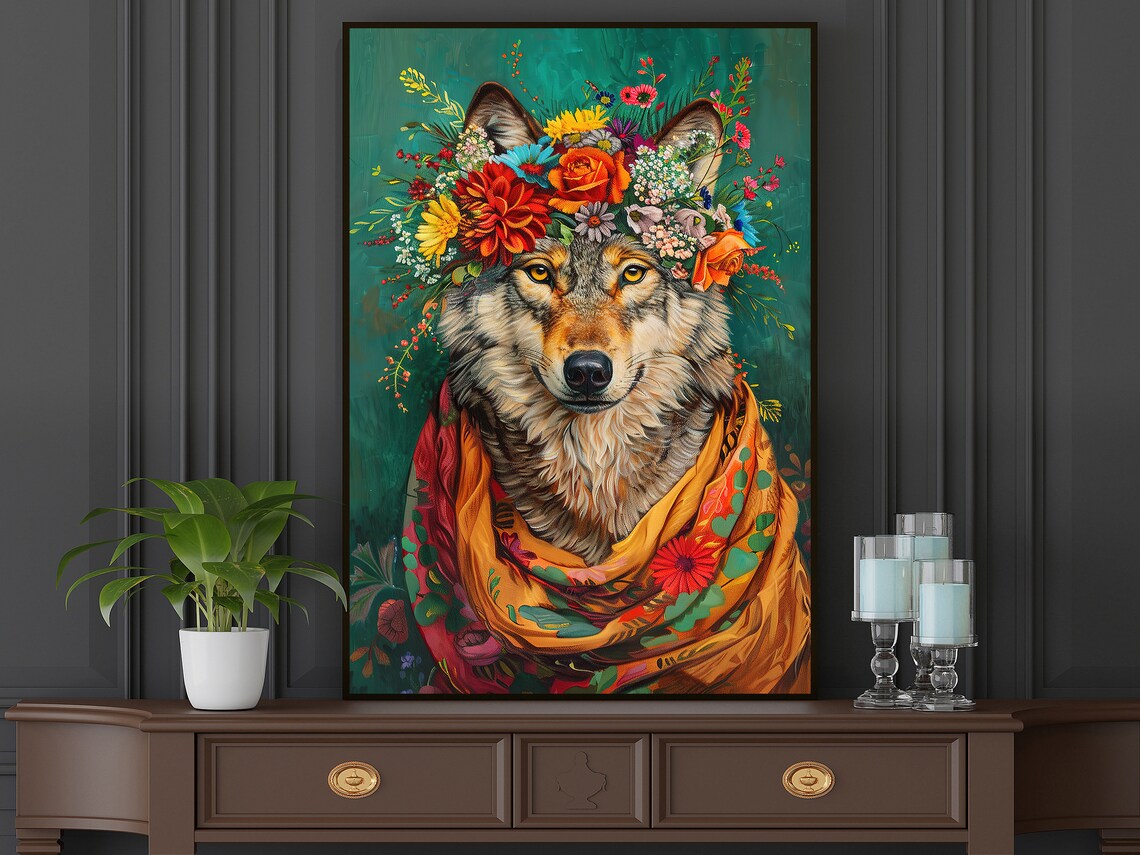 Wolf With Flower Crown Maximalist Floral Scarf Wildlife Portrait Poster - Image 5