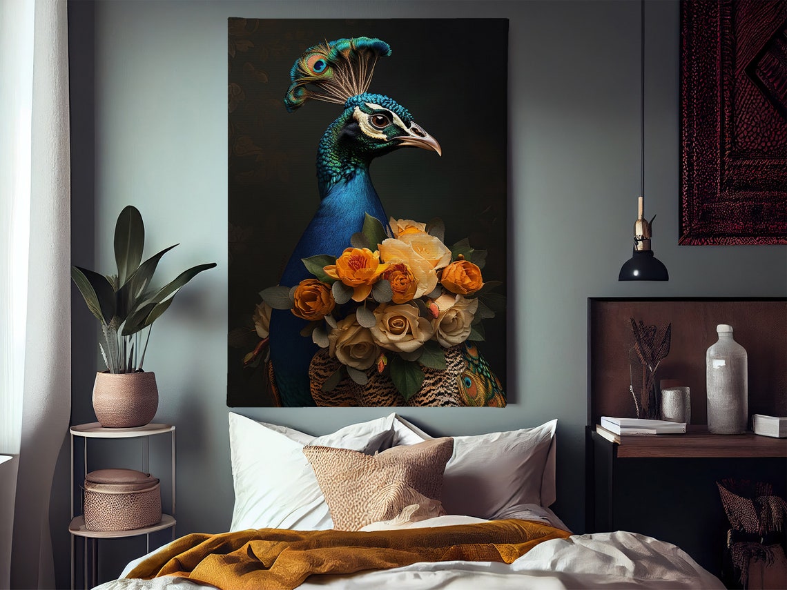 Royal Peacock Portrait With Cream Orange Roses Dark Animal Art Poster - Image 3