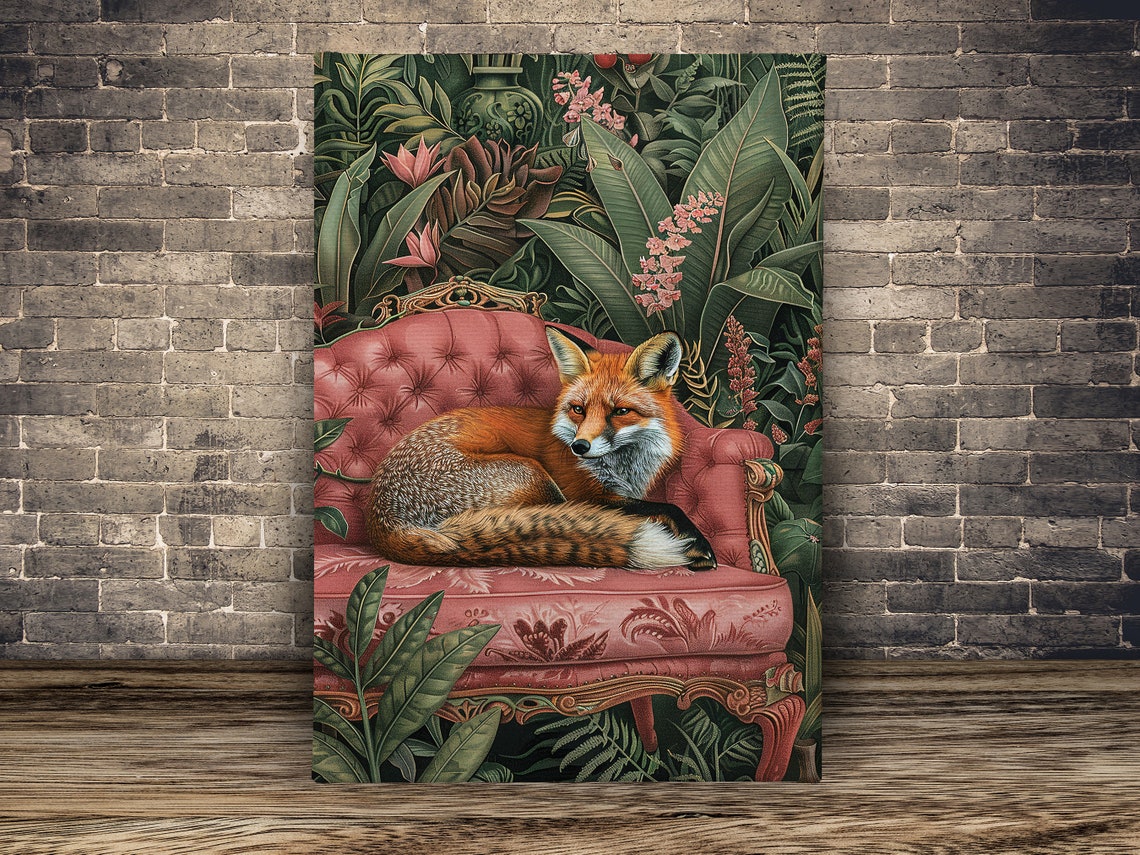 Red Fox Pink Velvet Sofa Tropical Jungle Animal Portrait Poster - Image 2