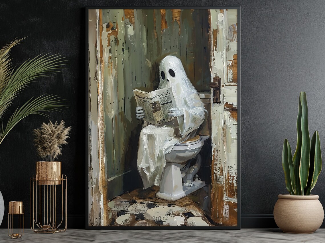 Funny Ghost Reading Newspaper On Toilet Vintage Halloween Bathroom Poster - Image 3