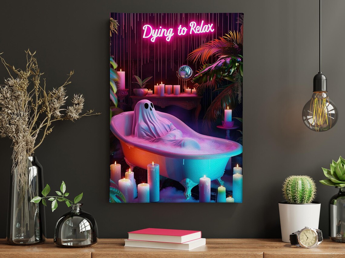 Dying to Relax Neon Ghost in Bathtub Funny Halloween Bathroom Poster - Image 4