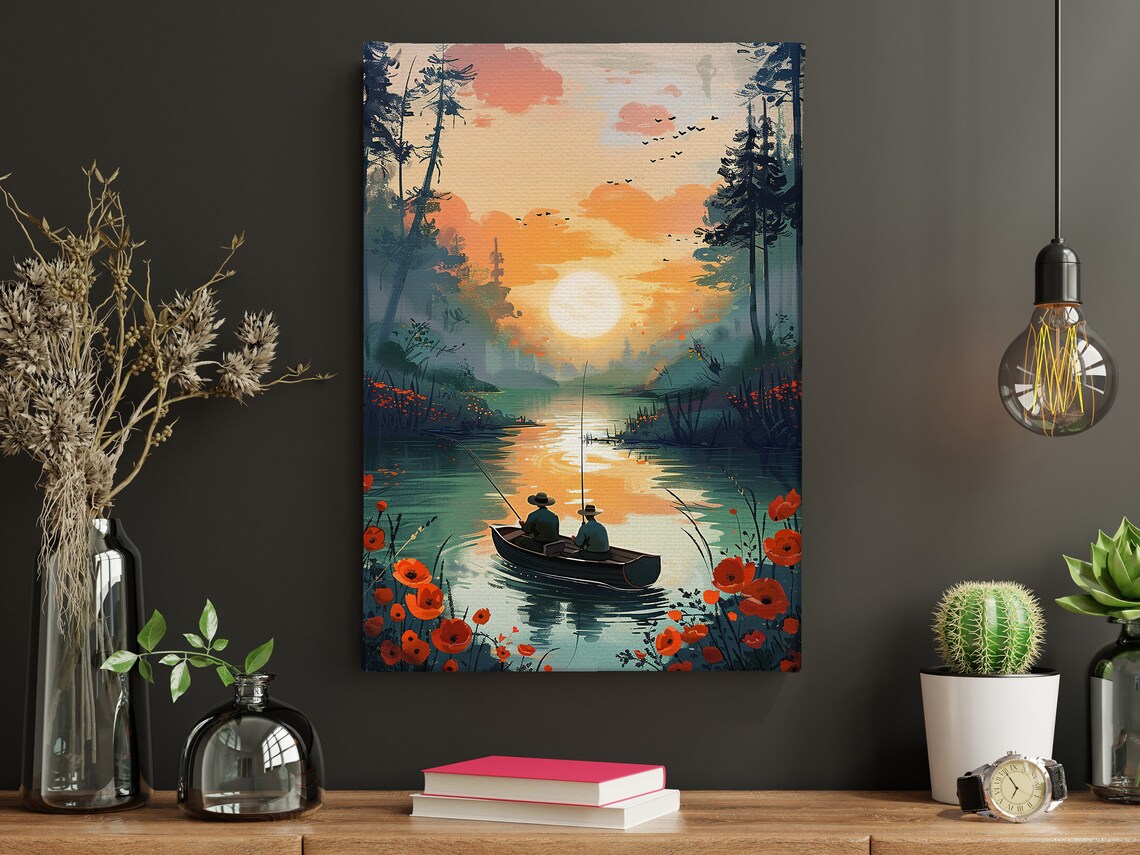 Vintage Men Fishing on the Lake Landscape Art Print - Image 4