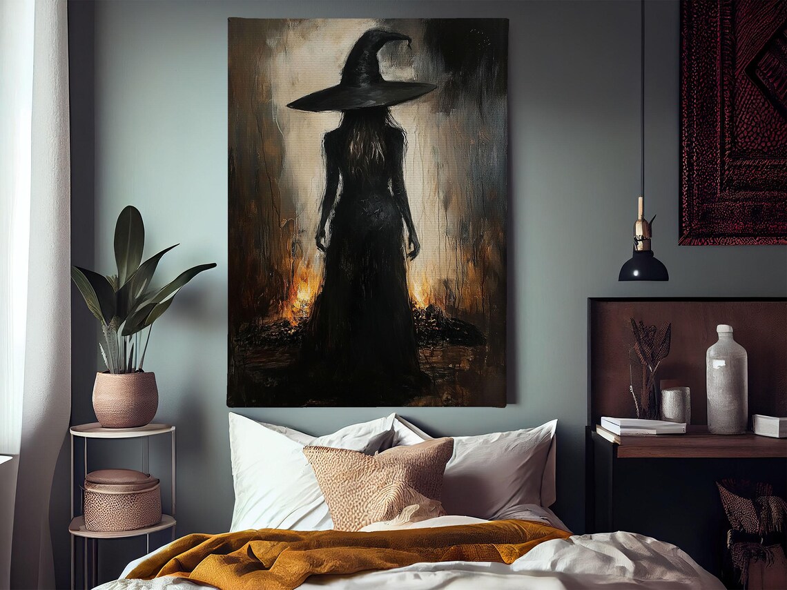 Witch Silhouette Pointed Hat Forest Fire Painterly Dark Halloween Art Poster - Image 4