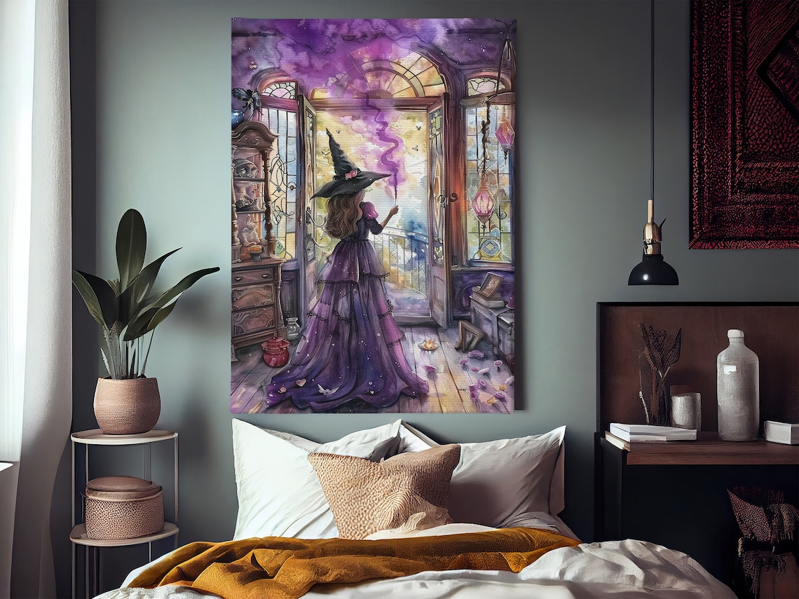 Young Witch in Magic Room Halloween Watercolor Art Print - Image 3
