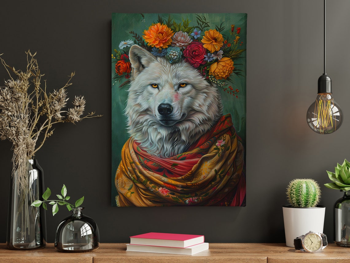 White Wolf Portrait With Floral Crown Maximalist Vintage Art Print - Image 4