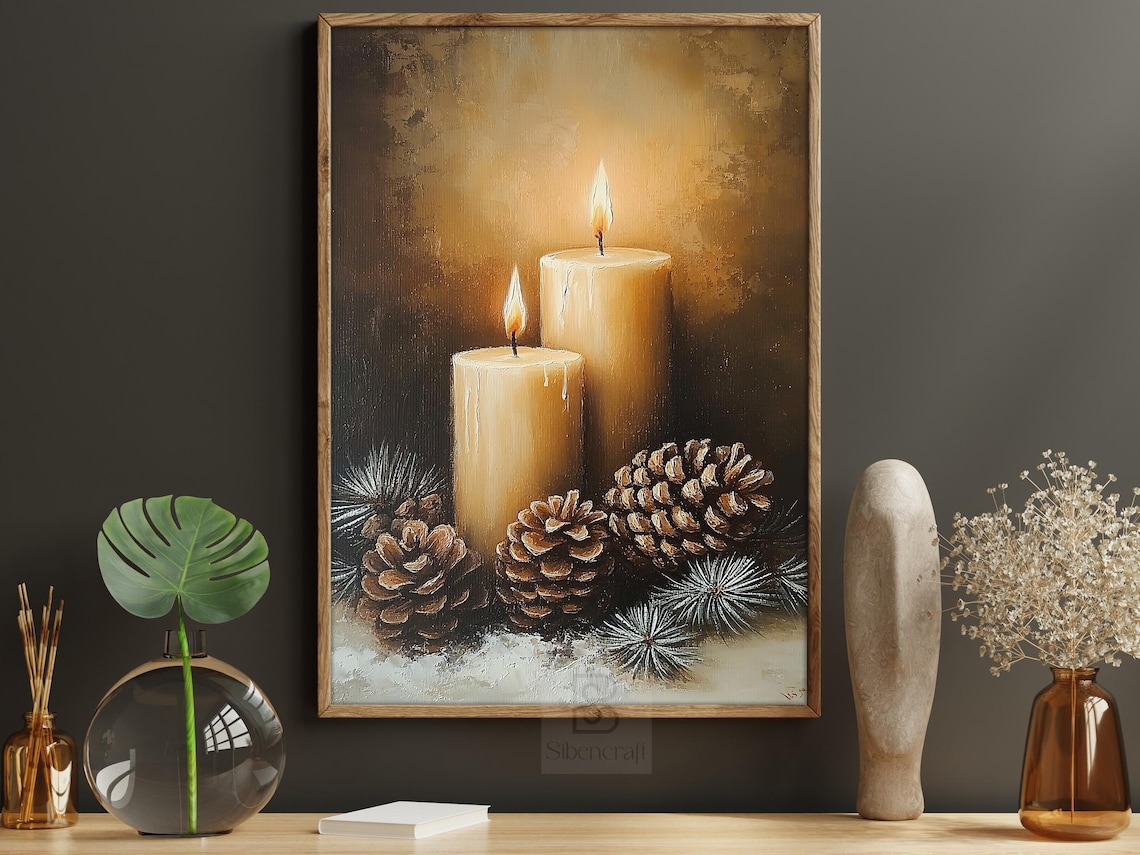 Vintage Christmas Candles Art Print, Holiday Decor