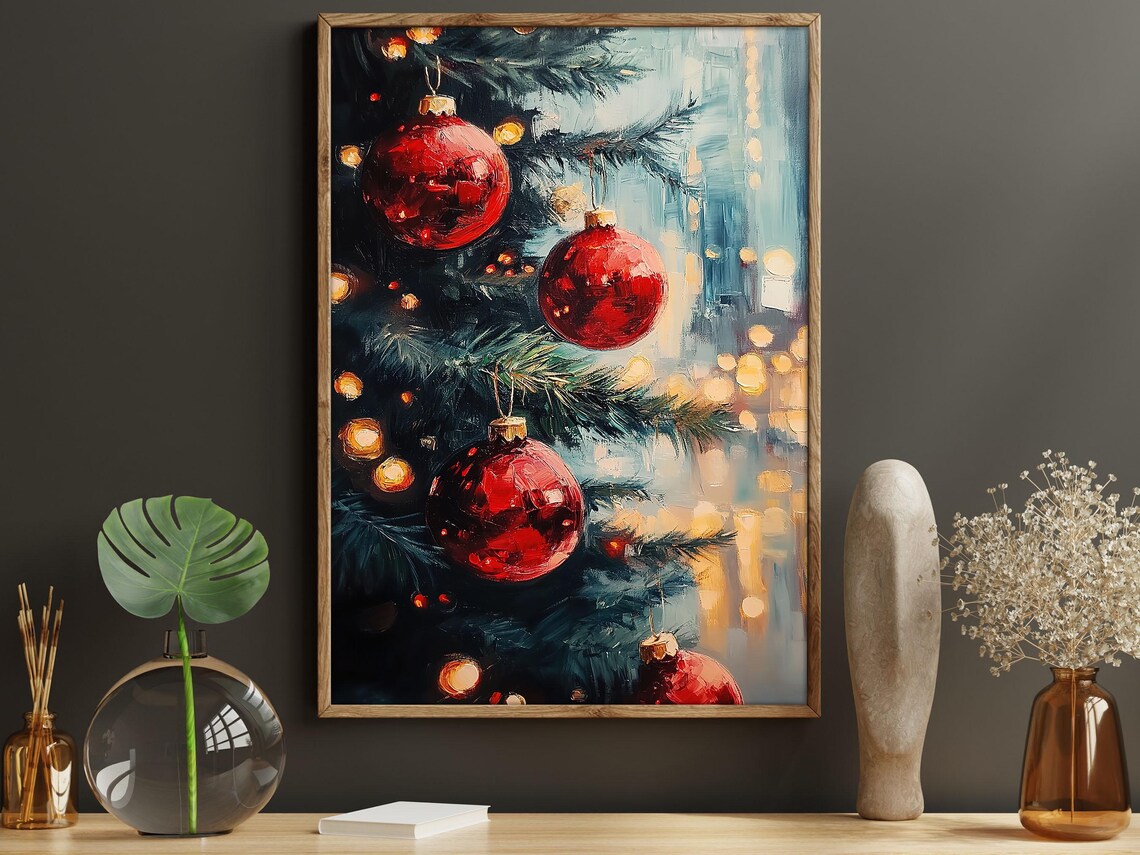 Vintage Christmas Bauble Art Print, Cottage Winter Tree - Image 6