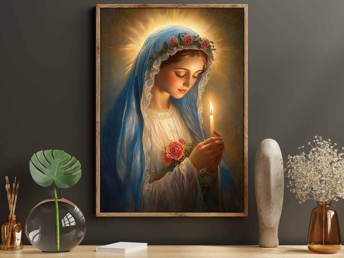 Virgin Mary Holding Candle Blue Veil Rose Crown Radiant Halo Religious Art Poster - Image 6