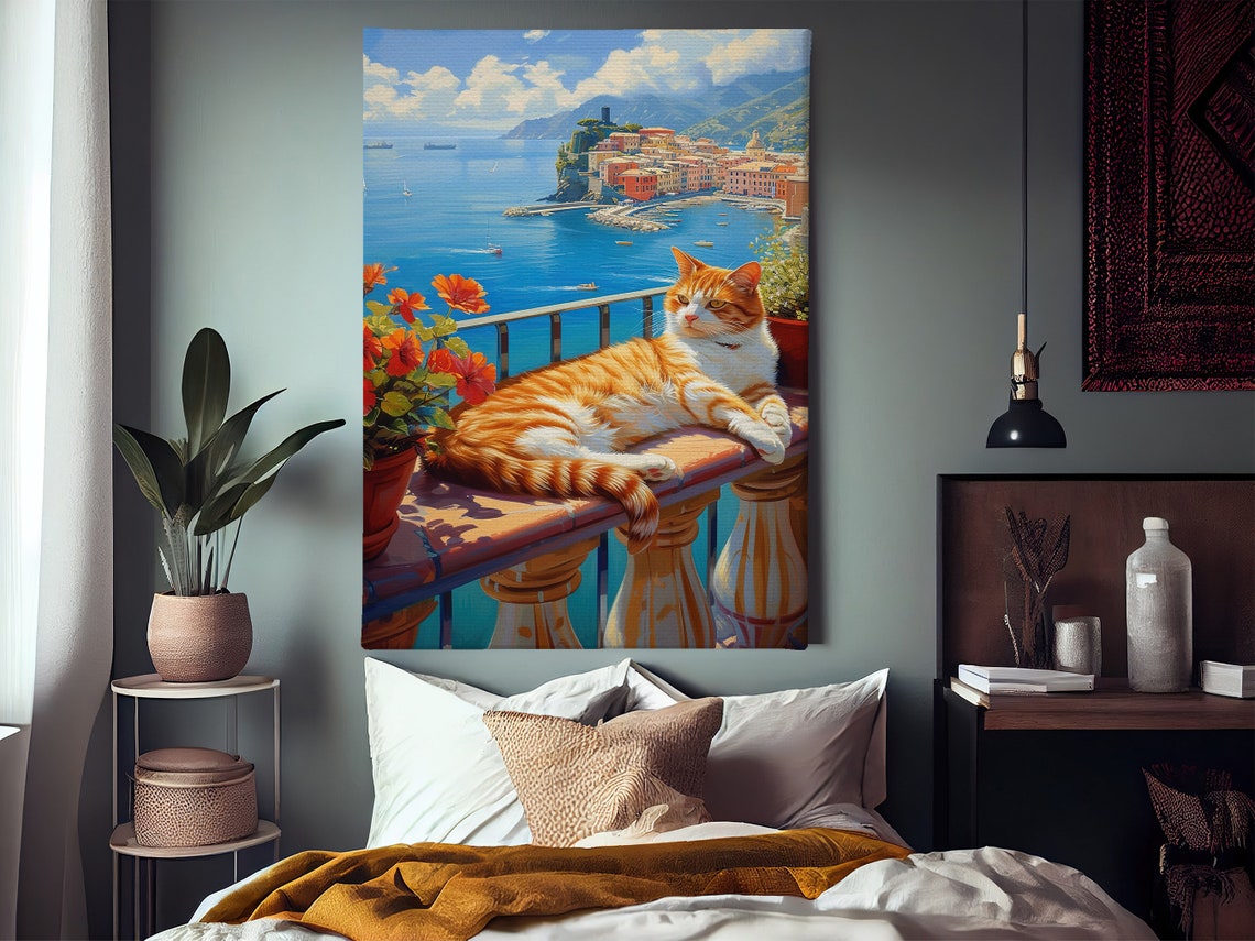 Orange Cat Sunbathing On Coastal Balcony Mediterranean Town Art Poster - Image 2