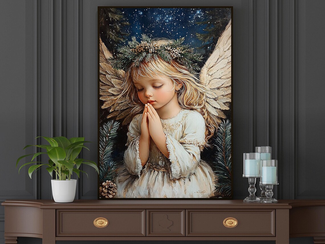 Vintage Praying Angel Girl Starry Night Pine Wreath Christian Christmas Art Poster - Image 5