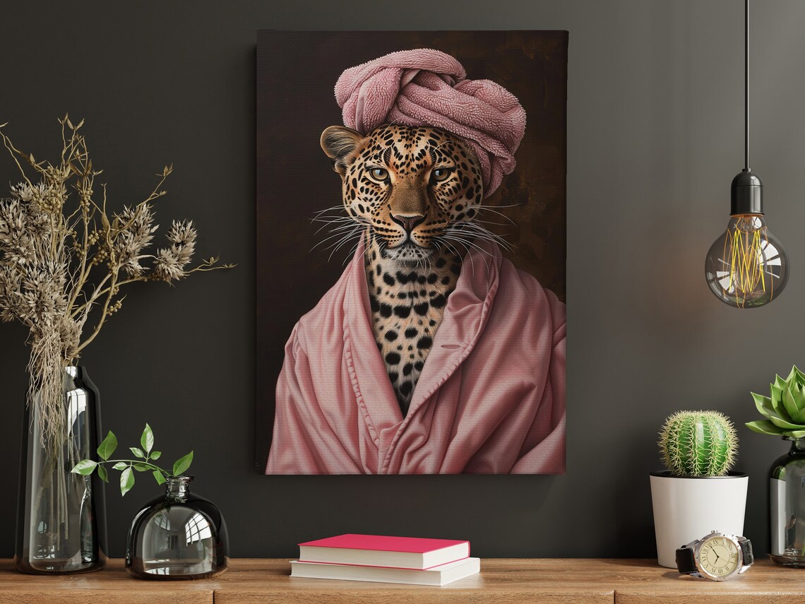 Leopard In Pink Bathrobe Towel Turban Funny Animal Portrait Humor Poster - Image 4