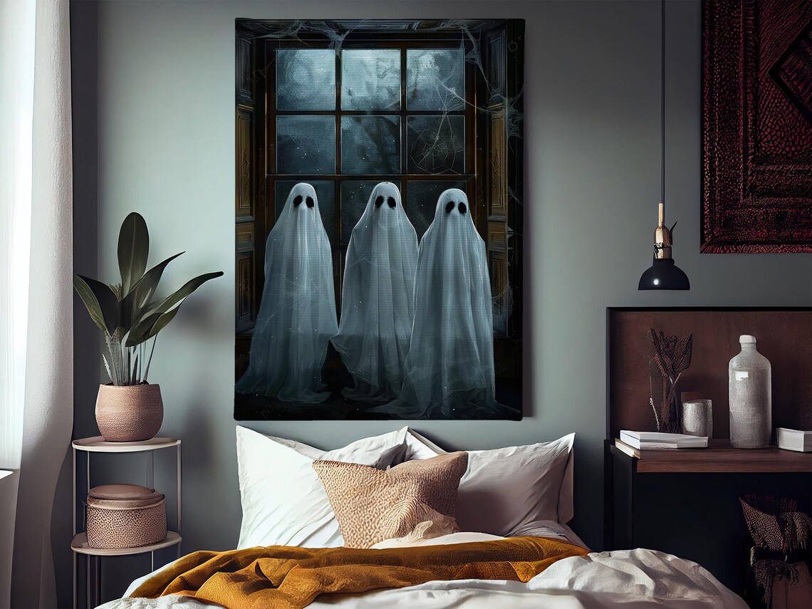 Three Ghosts by Moonlit Window with Spiderwebs Haunted Night Art Poster - Image 3