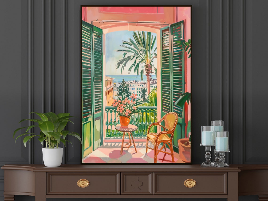 Matisse Style Palm Tree Balcony Sea View Green Shutters Wall Poster - Image 5