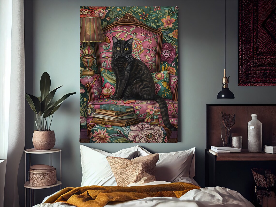 Black Cat On Floral Armchair With Books Maximalist Art Wall Poster - Image 3