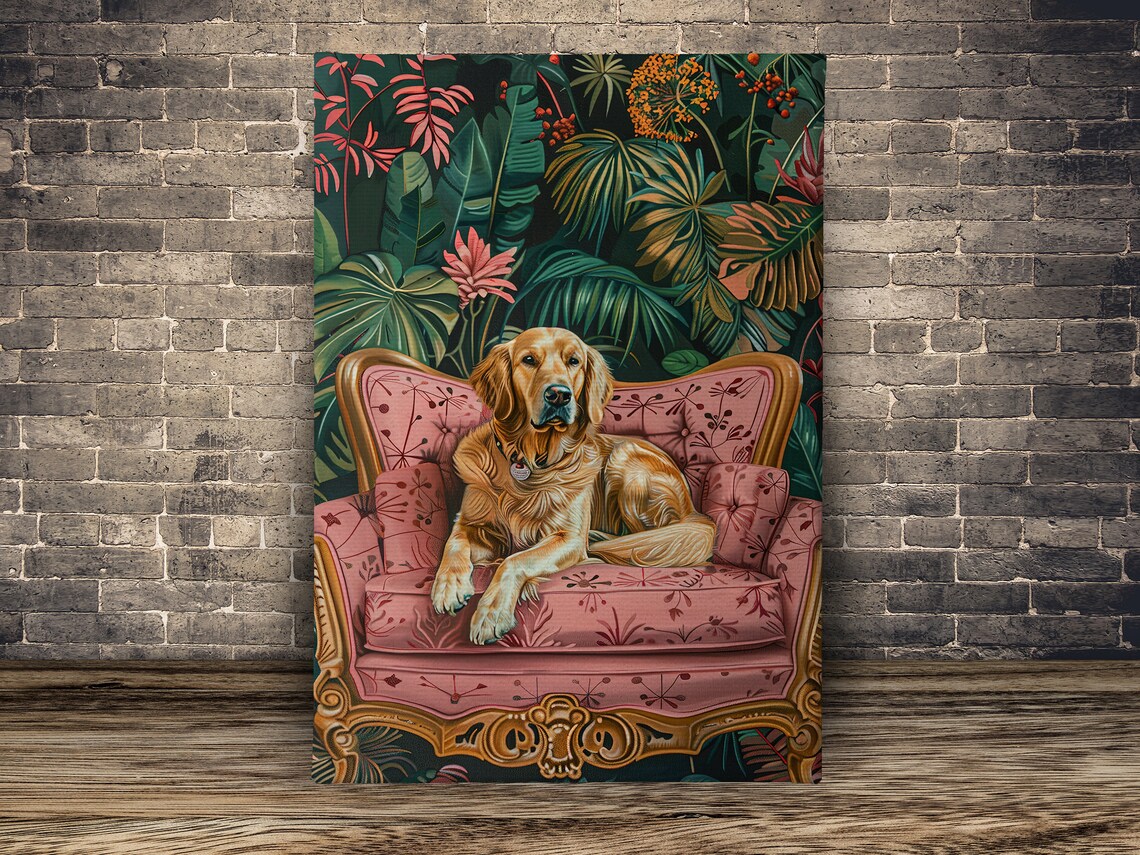 Golden Retriever Pink Velvet Sofa Tropical Jungle Dog Art Poster - Image 2
