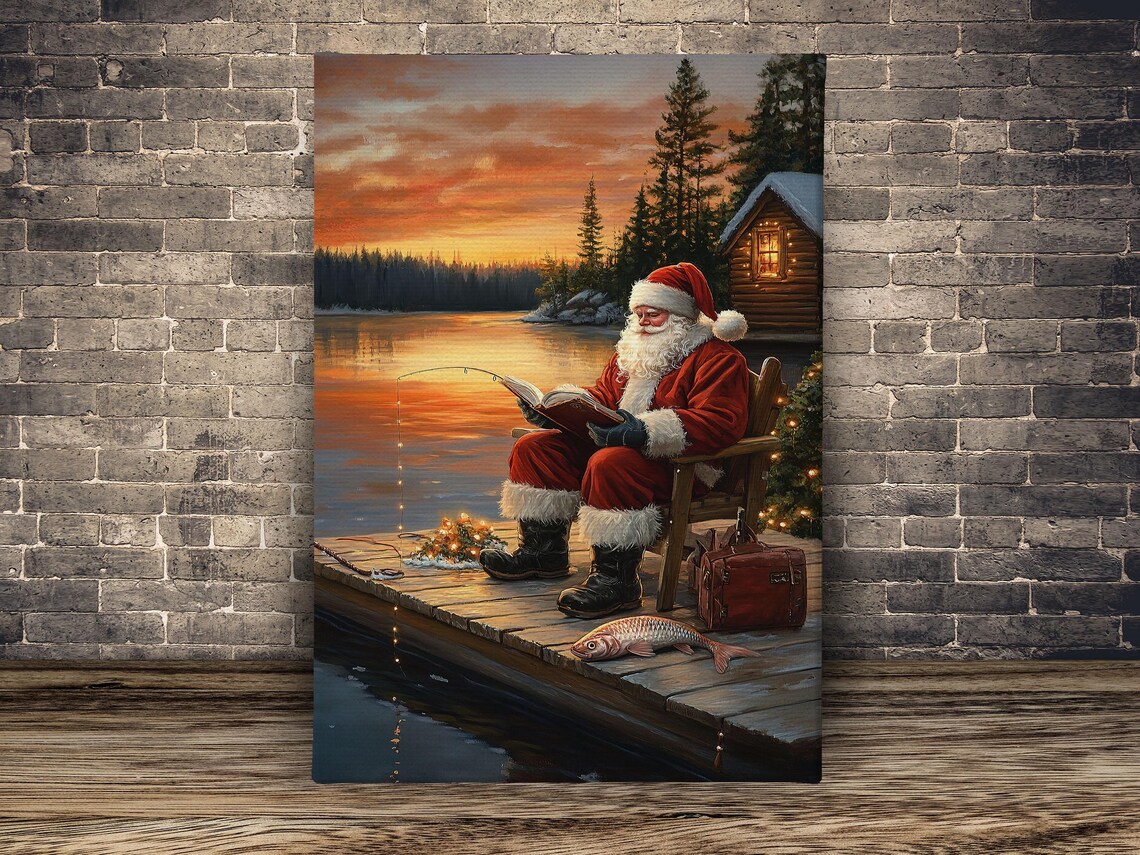 Vintage Santa Reading And Fishing Christmas Art Print - Image 2
