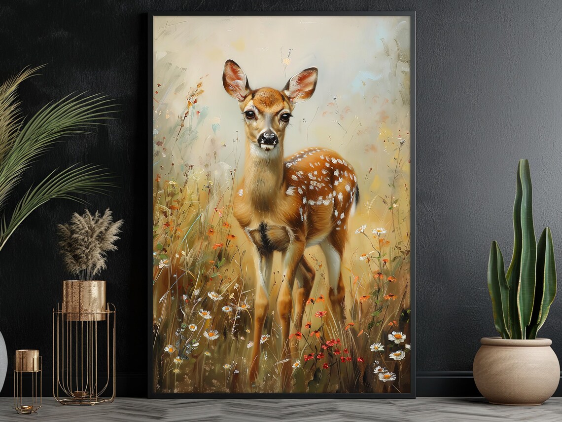Vintage Deer In The Flowers Garden Painting Cottage Deer Print Deer Print Animal Poster Print Wild Animal Wall Art - Image 2