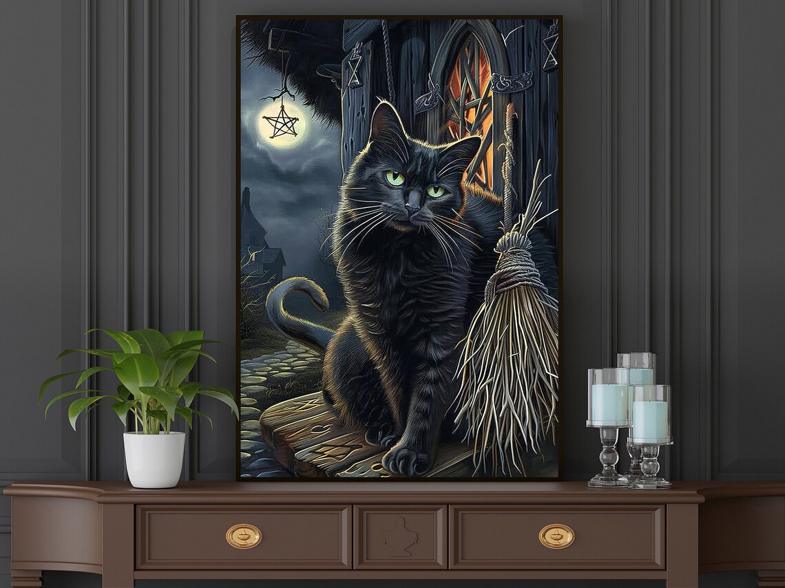 Black Cat Witch Halloween Painting Haunted House Broom Moon Gothic Poster - Image 5