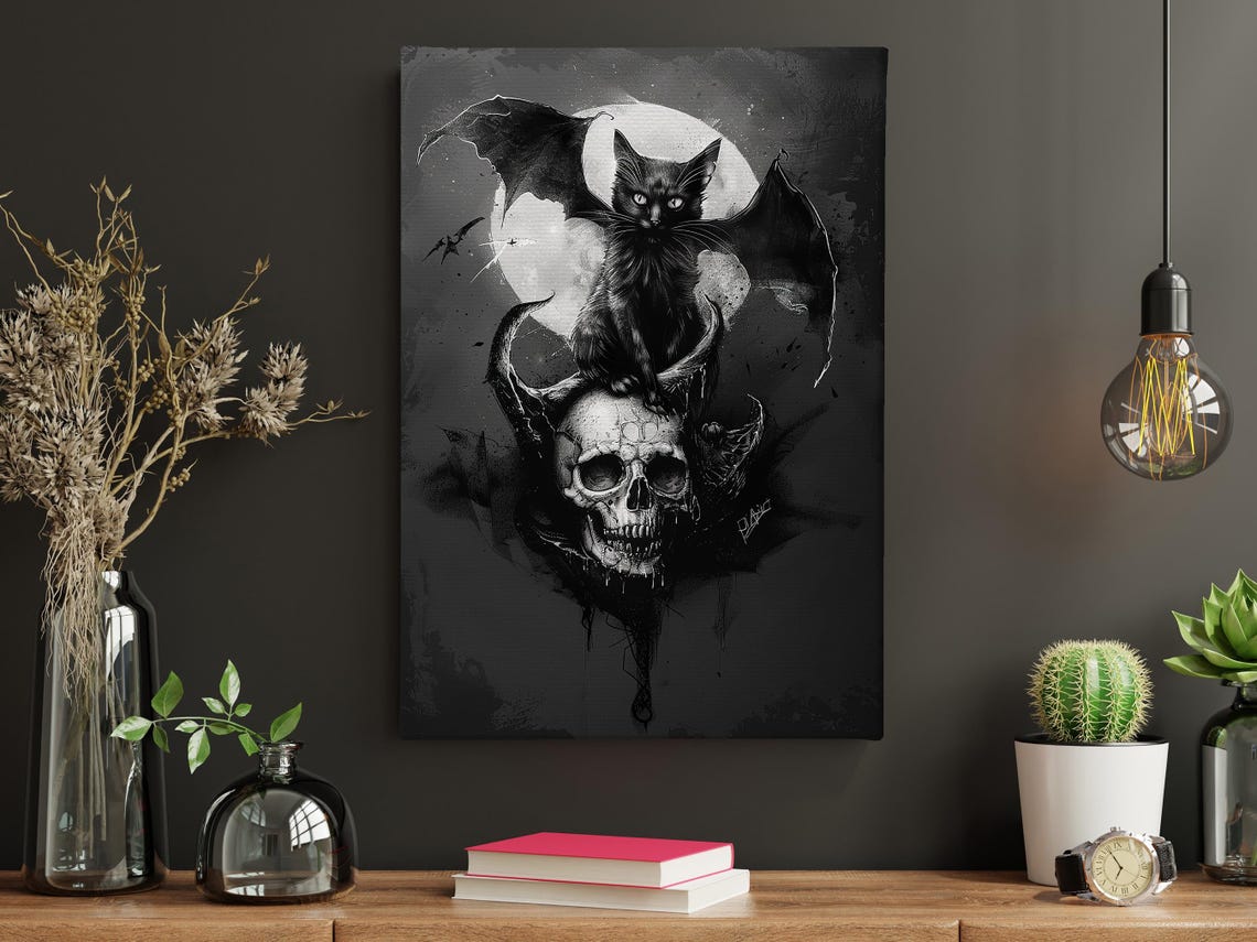 Gothic Black Cat with Bat Wings on Skull Under Full Moon Art Poster - Image 4