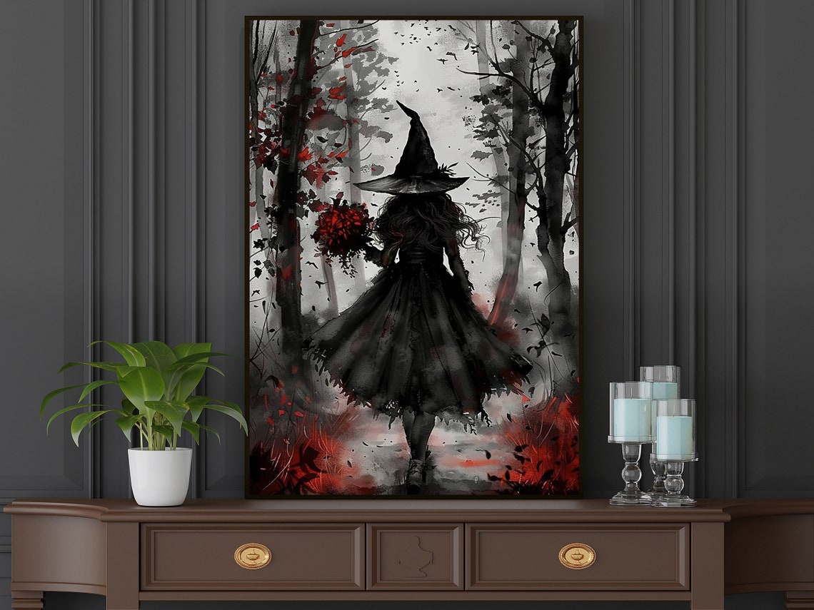 Dark Witch In Misty Forest Red Flowers Gothic Watercolor Halloween Art - Image 5