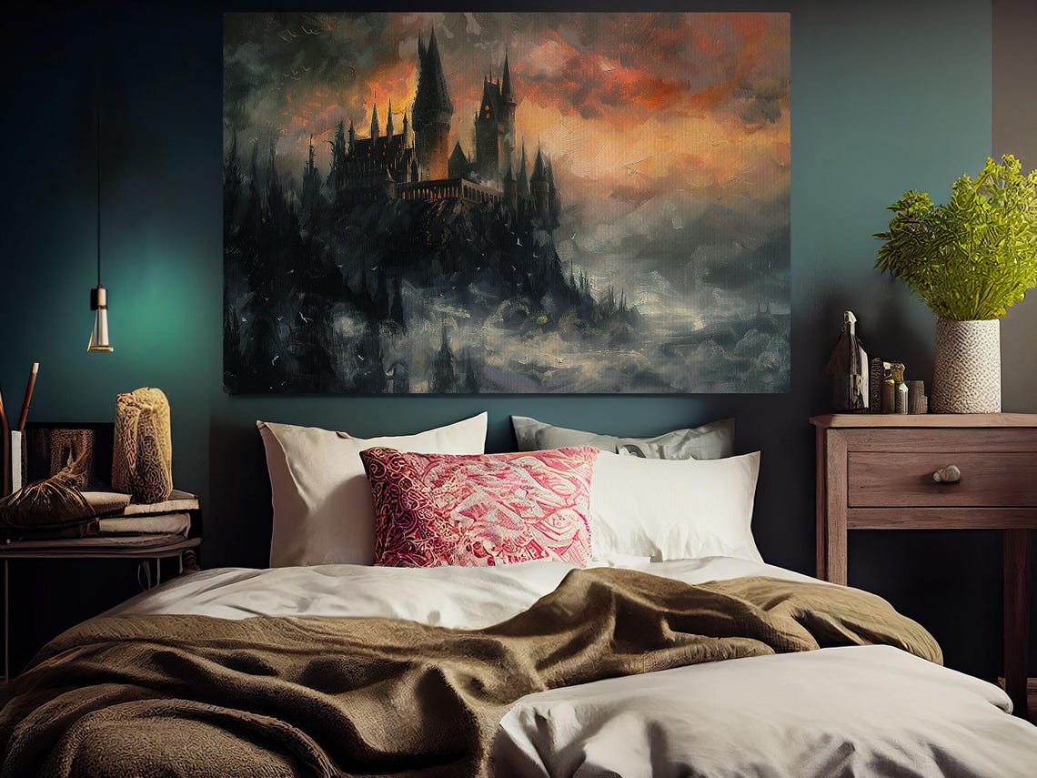 Dark Gothic Castle on Hill Under Fiery Sunset Sky Halloween Art Poster - Image 6